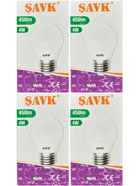 Şavk 4W (40W) 3000K (Sarı Işık) E27 Duylu Led Top Ampul (4 Adet)