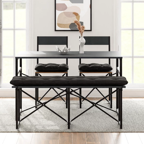 Eportatif Mutfak Masası Minderli Bank 120x60 Masa Set 2 Adet Sandalye Yemek Masası Füme 1551 - 3