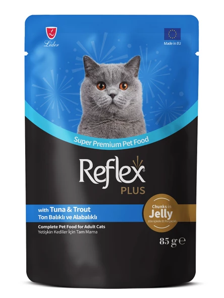 Reflex PLus Jöle İçinde Et Parçacıklı Ton Balıklı ve Alabalıklı Yetişkin Kedi Yaş Maması 85gr