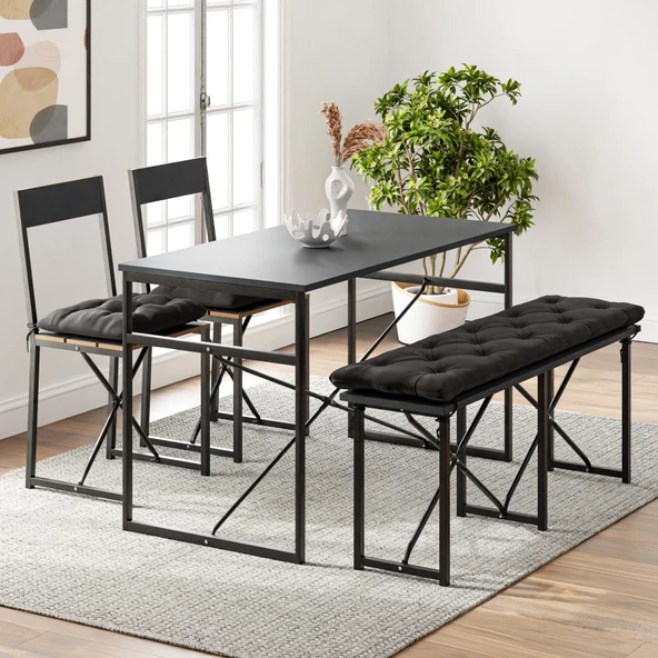 Eportatif Mutfak Masası Minderli Bank 120x60 Masa Set 2 Adet Sandalye Yemek Masası Füme 1551 - 2