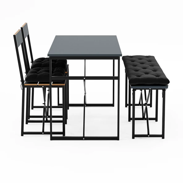 Eportatif Mutfak Masası Minderli Bank 120x60 Masa Set 2 Adet Sandalye Yemek Masası Füme 1551 - 4