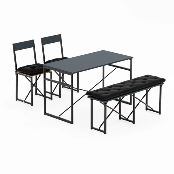 Eportatif Mutfak Masası Minderli Bank 120x60 Masa Set 2 Adet Sandalye Yemek Masası Füme 1551 - 5