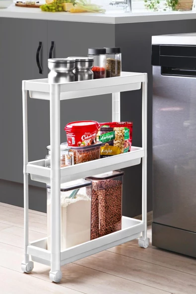 Mithra Life 3 Katlı Tekerlekli Slim İnce Beyaz Banyo Mutfak Rafı MIT1125 - 4