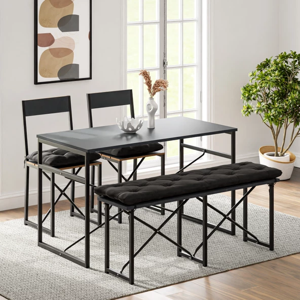 Eportatif Mutfak Masası Minderli Bank 120x60 Masa Set 2 Adet Sandalye Yemek Masası Füme 1551