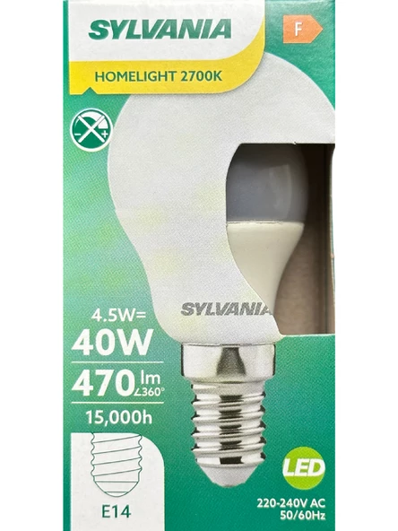 Sylvania 4.5W (40W) 2700K (Sarı Işık) E14 Duylu Led Top Ampul