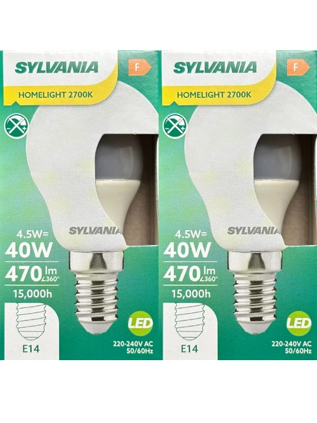 Sylvania 4.5W (40W) 2700K (Sarı Işık) E14 Duylu Led Top Ampul (2 Adet)