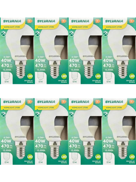 Sylvania 4.5W (40W) 2700K (Sarı Işık) E14 Duylu Led Top Ampul (8 Adet)