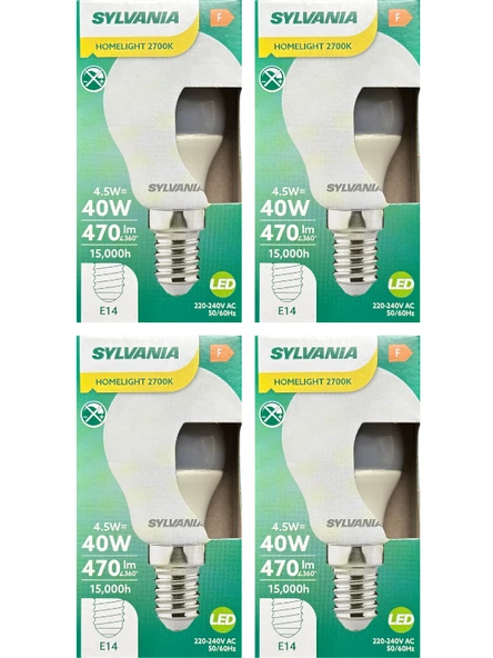 Sylvania 4.5W (40W) 2700K (Sarı Işık) E14 Duylu Led Top Ampul (4 Adet)