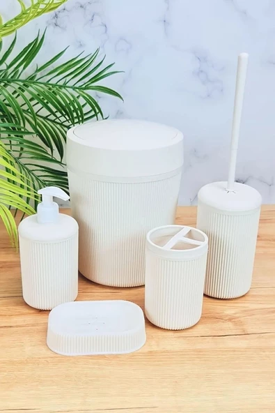 Şık 5 Parça  Banyo Seti - Sabunluk, Sıvı Sabunluk, Çöp Kovası, Tuvalet Fırçası ve Diş Fırçalık