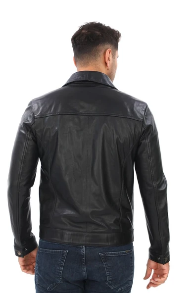 Yakalı Spor kesim Erkek Deri Ceket Siyah renk - 9