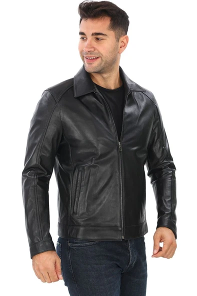Yakalı Spor kesim Erkek Deri Ceket Siyah renk - 6