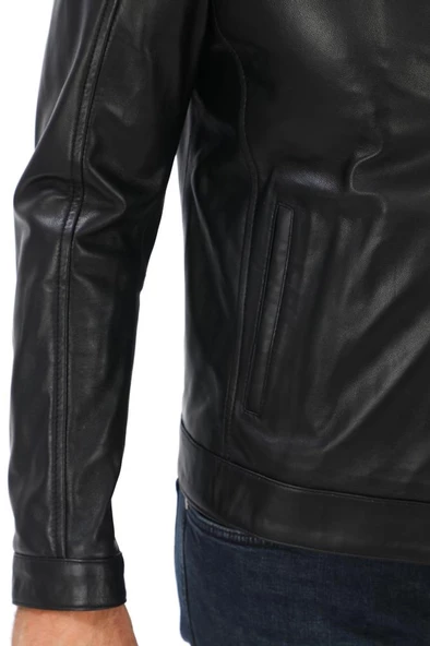 Yakalı Spor kesim Erkek Deri Ceket Siyah renk - 5