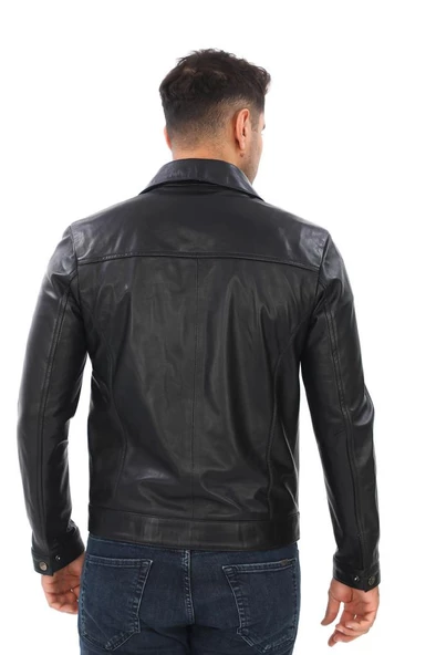 Yakalı Spor kesim Erkek Deri Ceket Siyah renk - 4