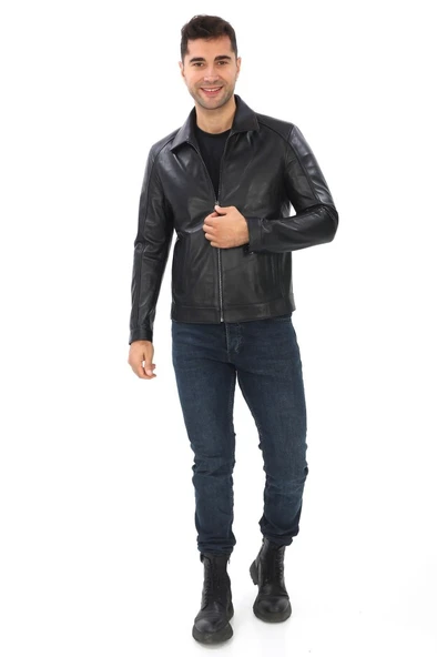 Yakalı Spor kesim Erkek Deri Ceket Siyah renk - 7