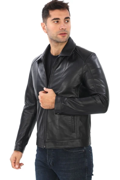 Yakalı Spor kesim Erkek Deri Ceket Siyah renk - 8