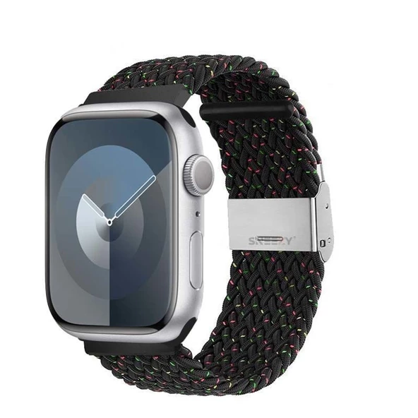 Sneezy Apple Watch 42-44-45-49mm İle Uyumlu Metal Klips Solo Fiberlink Örgü Kordon  Siyah Gökkuşağı