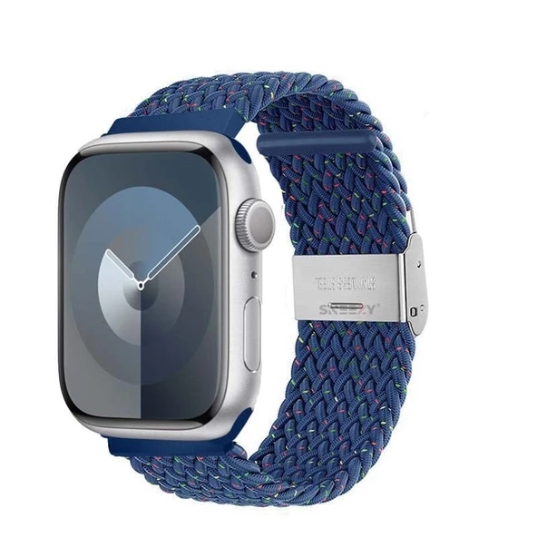 Sneezy Apple Watch 42-44-45-49mm İle Uyumlu Metal Klips Solo Fiberlink Örgü Kordon  Mavi Gökkuşağı