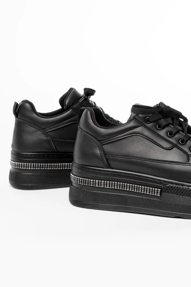 Siyah Bağcıklı Taban Taş Aksesuarlı Günlük Spor Ayakkabı - 5