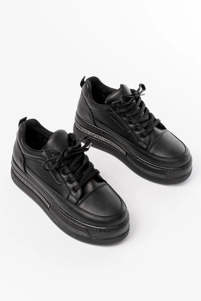 Siyah Bağcıklı Taban Taş Aksesuarlı Günlük Spor Ayakkabı - 4