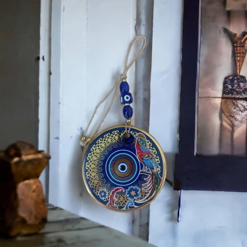 Yaldızlı Bülbül Kuşlu Çicekli Nazar Boncuklu Duvar Süsü Camlı Duvar Dekoru - 4