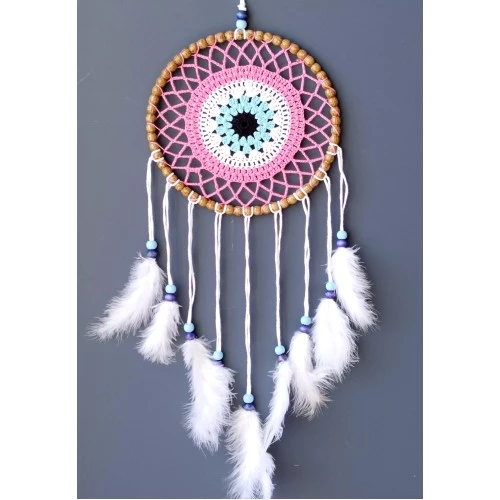 Nazar Boncuğu Motifli Düş Kapanı El Yapımı Pembe Duvar Süsü - 3