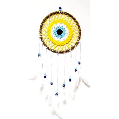 Nazar Boncuğu Motifli Düş Kapanı El Yapımı Sarı Duvar Süsü - 3