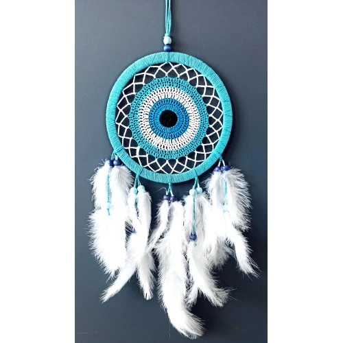 Nazar Boncuğu Motifli Turkuaz Rengi Dream Catcher Beyaz Kuş Tüylü Düş Kapanı Duvar Süsü - 2