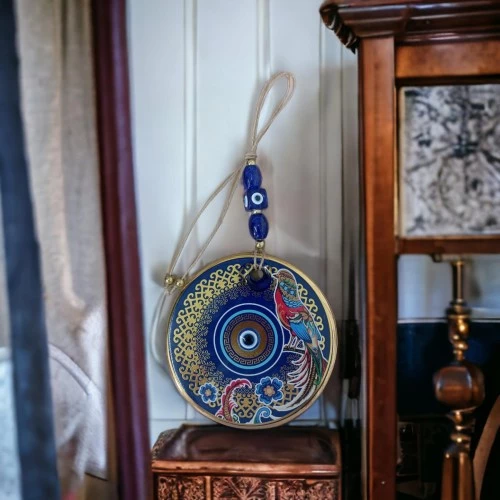 Yaldızlı Bülbül Kuşlu Çicekli Nazar Boncuklu Duvar Süsü Camlı Duvar Dekoru - 3