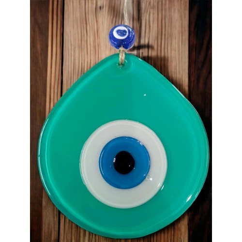 Mavi Nazar Boncuklu Açık Yeşil Renk Nazar Boncuklu Damla Desen El Yapımı Duvar Süsü - 4