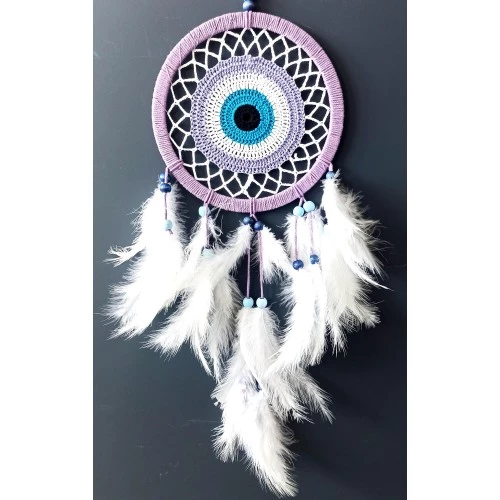Nazar Boncuğu Motifli Lila Rengi Dream Catcher Düş Kapanı Duvar Süsü - 2
