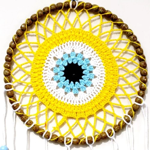 Nazar Boncuğu Motifli Düş Kapanı El Yapımı Sarı Duvar Süsü - 2