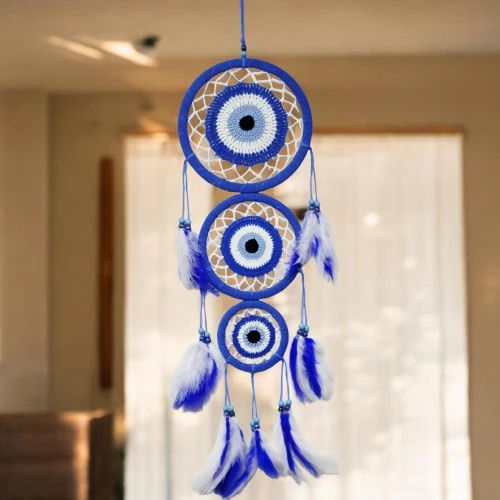 Nazar Motifli Üç Çemberli Kuş Tüylü Mavi Duvar Süsü - 2