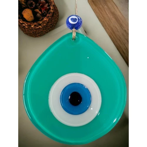 Mavi Nazar Boncuklu Açık Yeşil Renk Nazar Boncuklu Damla Desen El Yapımı Duvar Süsü - 3