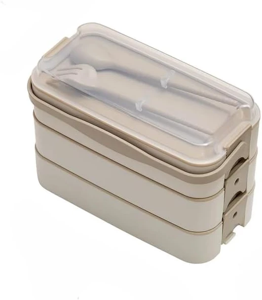 Home 1260 ml 3 Katlı 6 Bölmeli BPA'sız PP Plastik Sefer Taşıma ve Beslenme Çantası, Kilitli Bento Lunch Box, Mikrodalgaya Uygun, Çatal ve Kaşık Dahil (Krem)