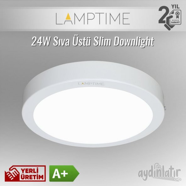 Lamptime 24W Sıva Üstü SLIM LED Downlight Armatür Yuvarlak Beyaz Gövde L260613 3000K (Sarı)