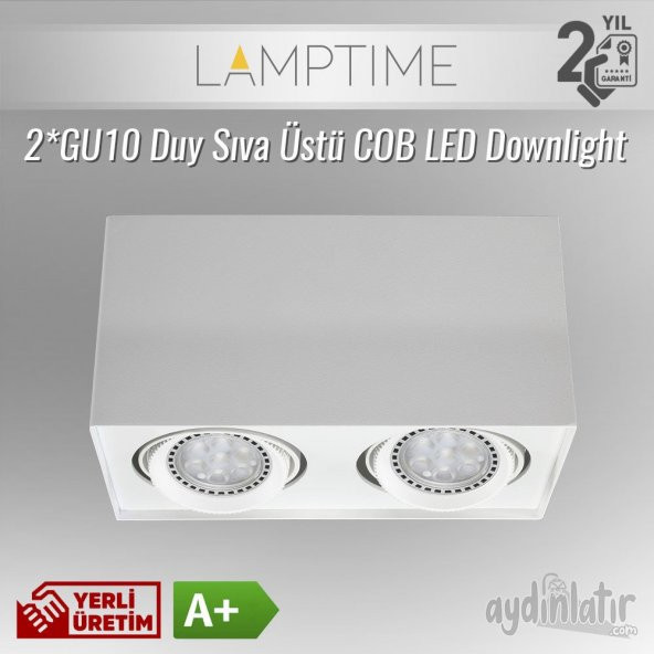 Lamptime 2*GU10 Duy Sıva Üstü COB LED Downlight Armatür Kare Beyaz Gövde İkili L240056
