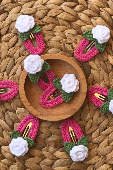 2'Li Amigurumi El İşlemesi Gül Motifli Çıtçıtlı Toka - 2