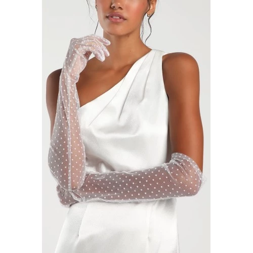 Uzun Boy Beyaz Puantiyeli Beyaz Renk Yetişkin Tül Eldiven - Resim 3