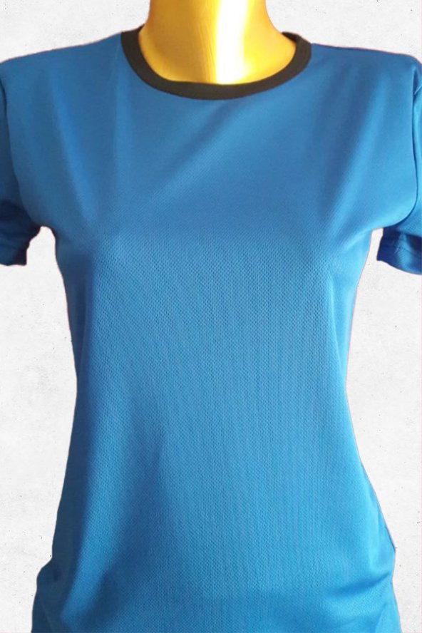 Moda Palace Sax Mavi Siyah Yaka Slim Fit Kadın Spor Tişört