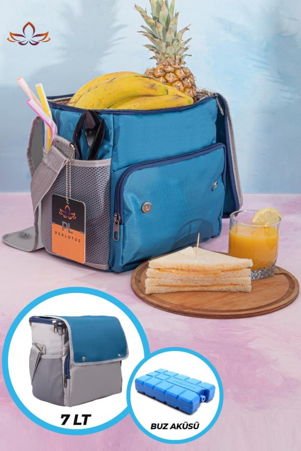 Soğuk ve Sıcak Tutan Yalıtımlı İzolasyonlu Yiyecek İçecek Çantası Termal Termos Buz Aküsü Hediyeli Mavi