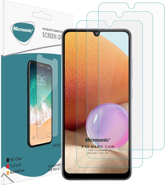 Samsung Galaxy A32 4G Screen Protector Nano Glass Cam Ekran Koruyucu (3'lü Paket) [Galaxy A32 4G ile Uyumlu Ekran Koruyucu - Şeffaf]