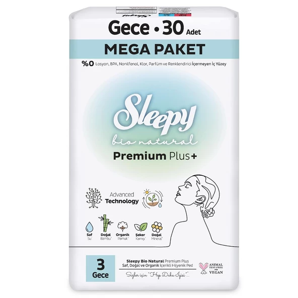 Sleepy Bio Natural Premium Plus Hijyenik Ped Mega Paket Gece 30 Adet - 2