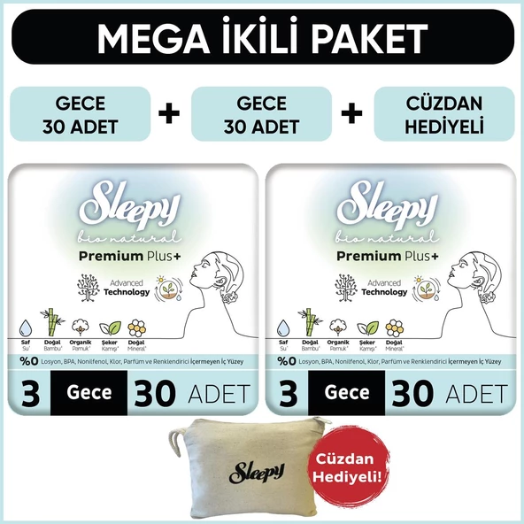 Sleepy Bio Natural Premium Plus Hijyenik Ped Mega Paket Gece 30x2 (60 Adet)