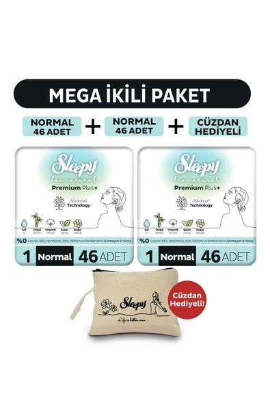 Sleepy Bio Natural Premium Plus Hijyenik Ped Mega Paket Normal 46x2 (92 Adet) + Cüzdan Hediyeli ürün görseli