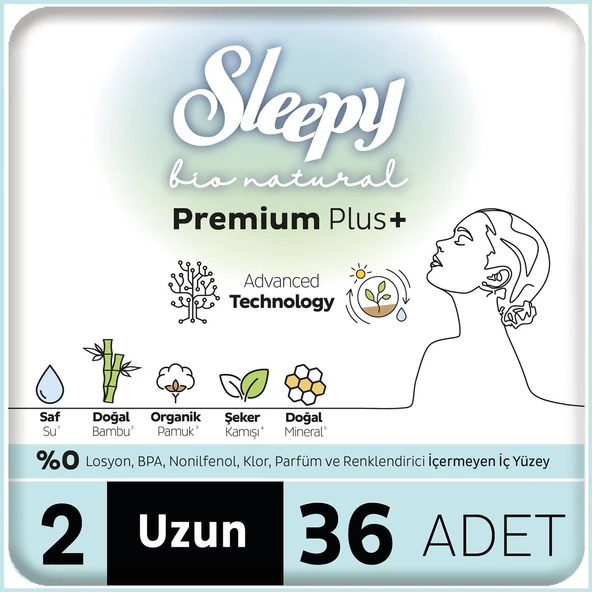 Sleepy Bio Natural Premium Plus Hijyenik Ped Mega Paket Uzun 36 Adet