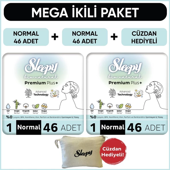 Sleepy Bio Natural Premium Plus Hijyenik Ped Mega Paket Normal 46x2 (92 Adet)