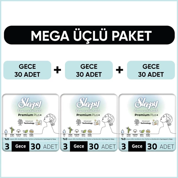 Sleepy Bio Natural Premium Plus Hijyenik Ped Mega Paket Gece 30x3 (90 Adet)