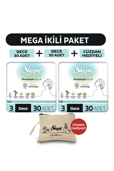 Sleepy Bio Natural Premium Plus Hijyenik Ped Mega Paket Gece 30x2 (60 Adet) + Cüzdan Hediyeli ürün görseli