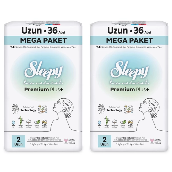 Sleepy Bio Natural Premium Plus Hijyenik Ped Mega Paket Uzun 36x2 (72 Adet) - 2