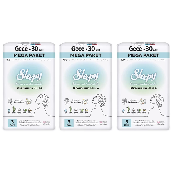 Sleepy Bio Natural Premium Plus Hijyenik Ped Mega Paket Gece 30x3 (90 Adet) - 2